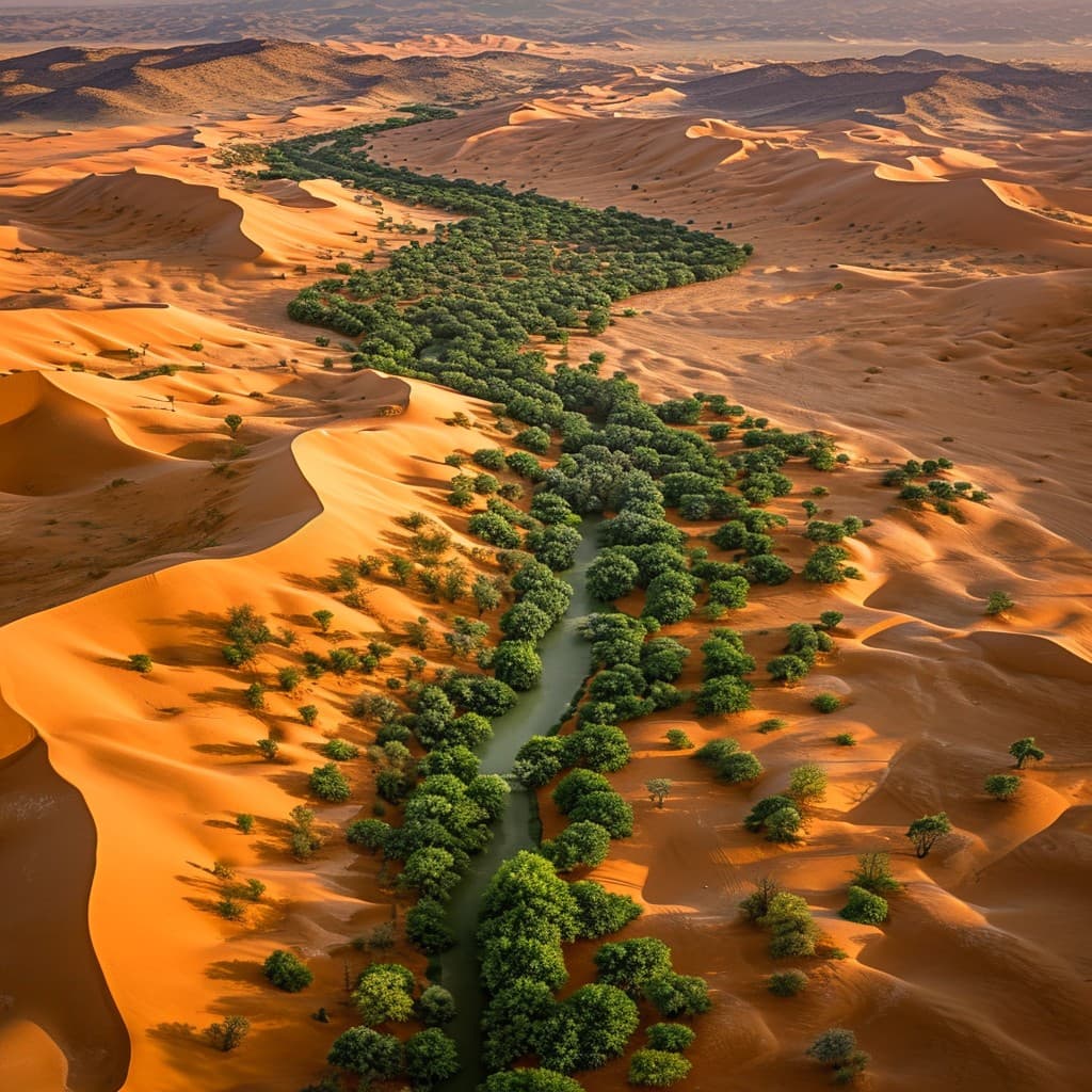 Aerial view of a green oasis winding through desert dunes
